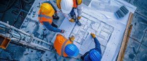 construction workers standing over a site plan